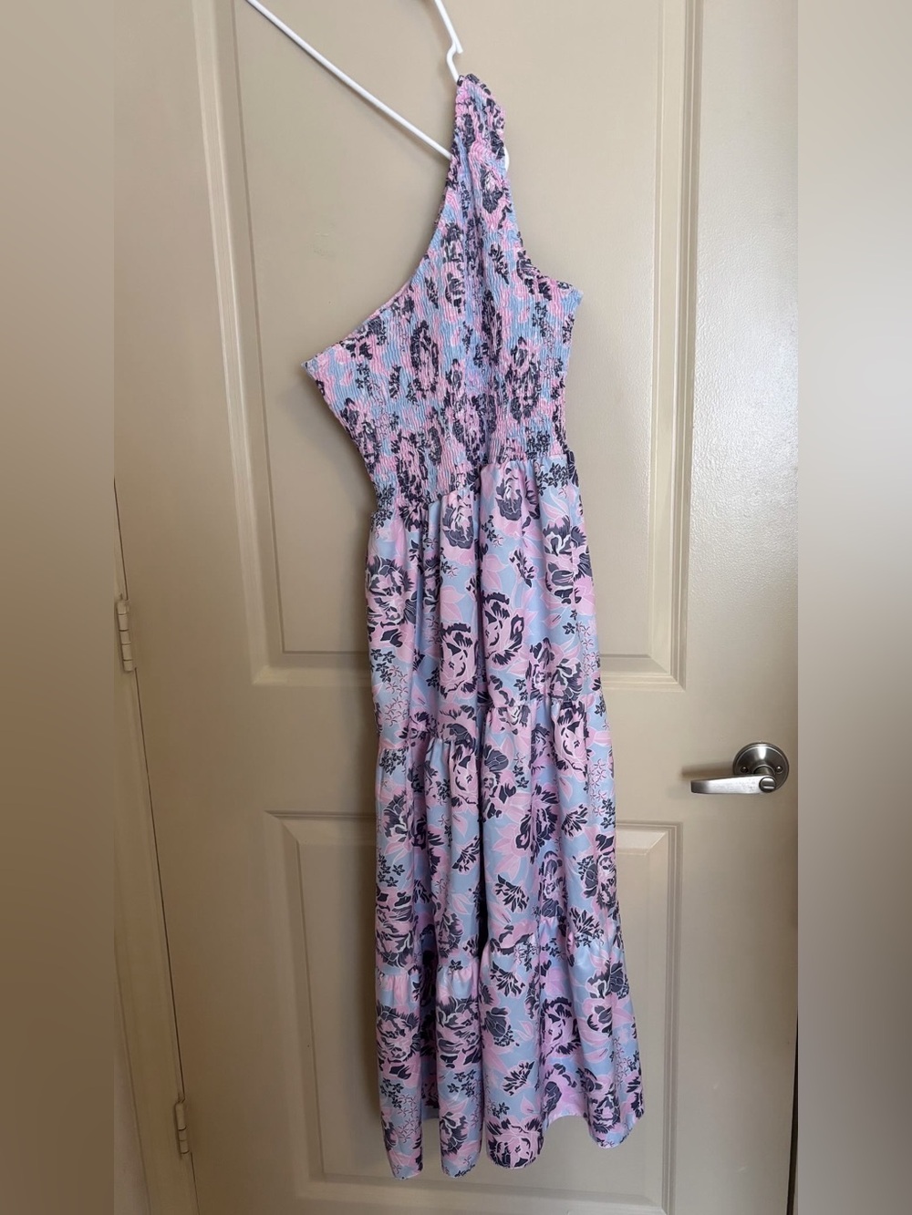 One-Shoulder Pink and Light Blue Floral Maxi Dress